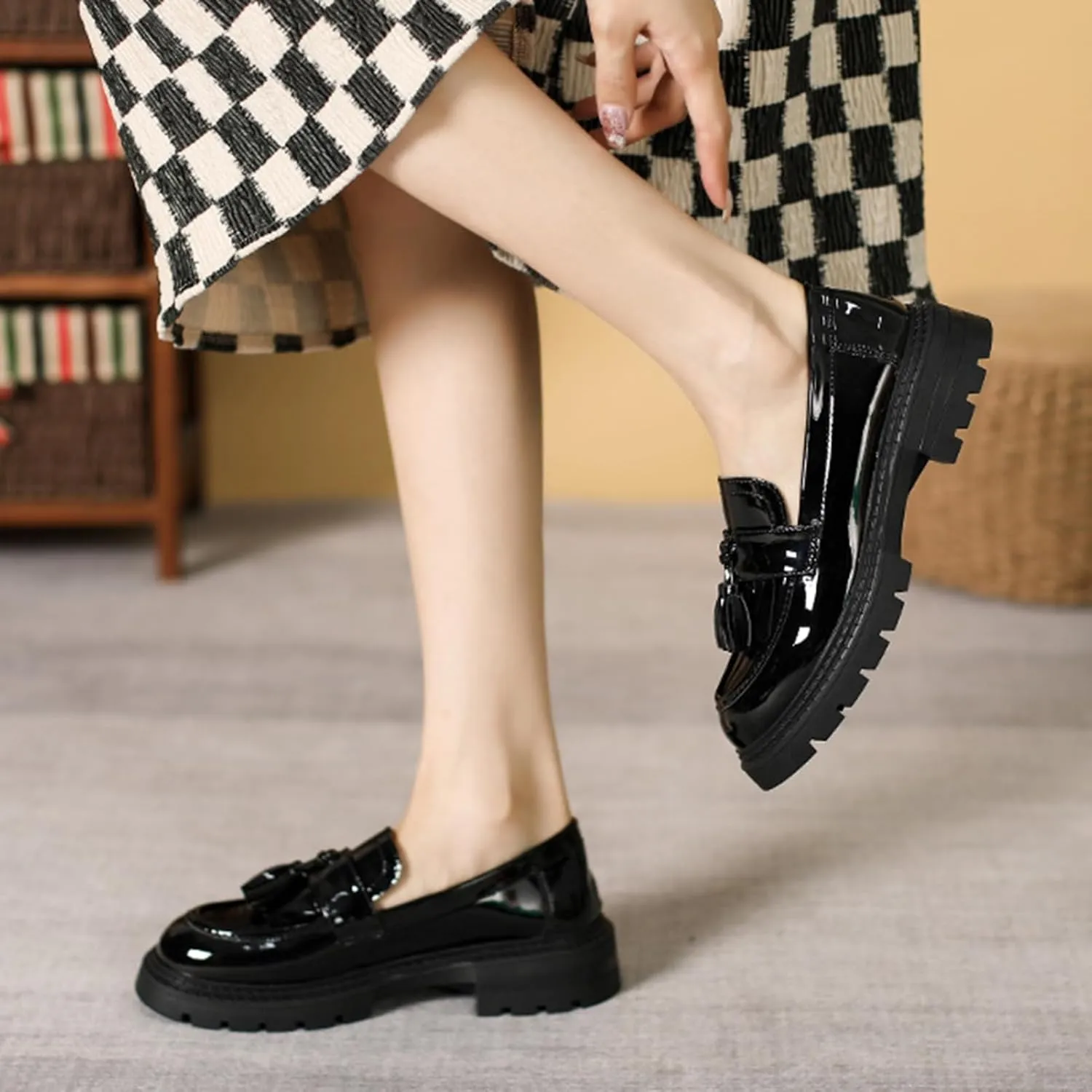 Women's Tassel Loafers Platform Chunky Black Patent Leather Fashion Penny