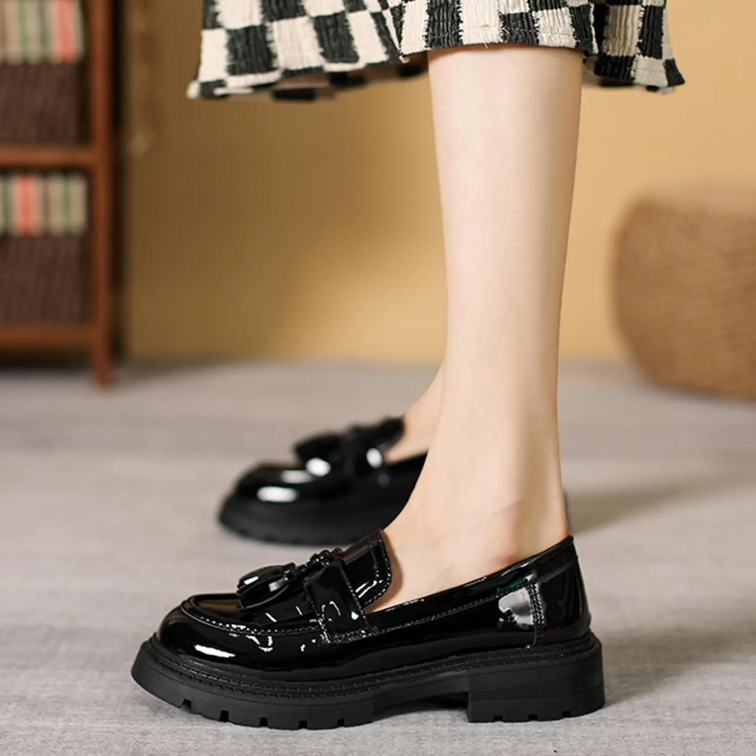 Women's Tassel Loafers Platform Chunky Black Patent Leather Fashion Penny