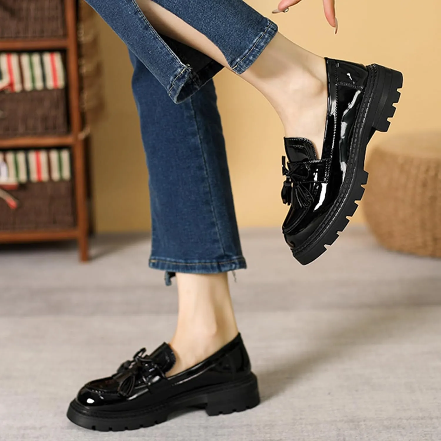 Women's Tassel Loafers Platform Chunky Black Patent Leather Fashion Penny
