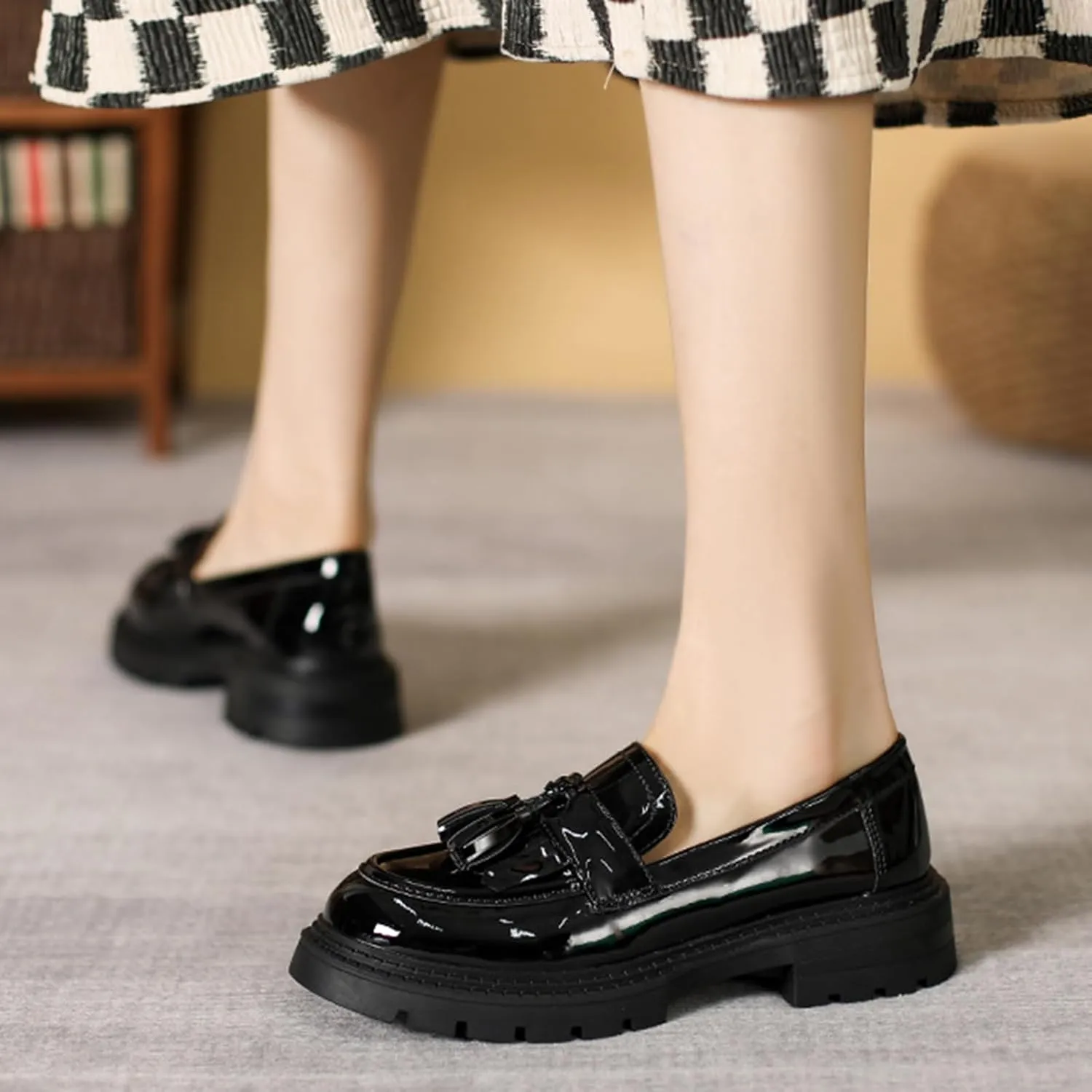 Women's Tassel Loafers Platform Chunky Black Patent Leather Fashion Penny