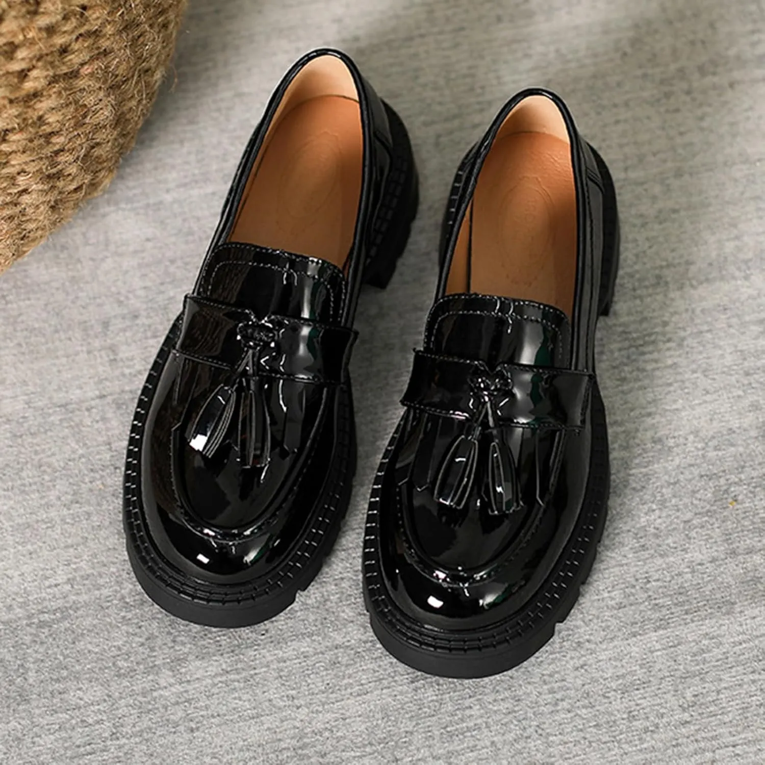 Women's Tassel Loafers Platform Chunky Black Patent Leather Fashion Penny