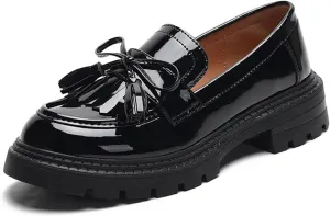 Women's Tassel Loafers Platform Chunky Black Patent Leather Fashion Penny