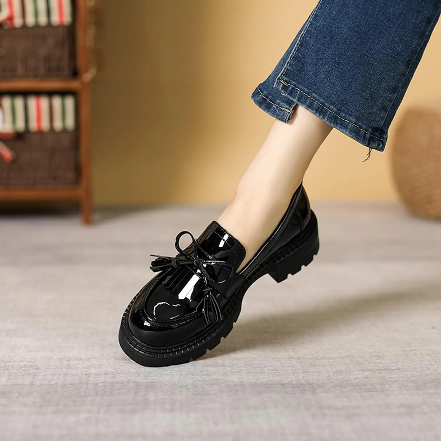 Women's Tassel Loafers Platform Chunky Black Patent Leather Fashion Penny