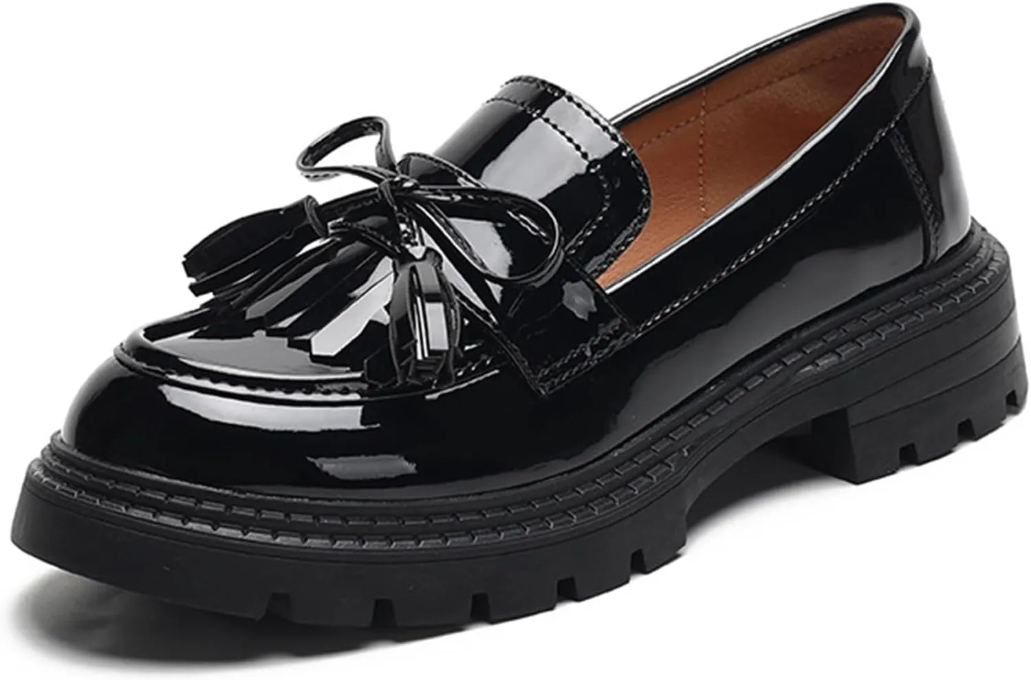 Women's Tassel Loafers Platform Chunky Black Patent Leather Fashion Penny