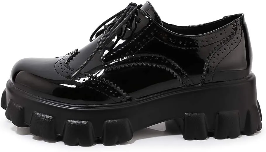 Womens Vintage Wingtip Oxfords Patent Leather Lace Up Brogues Shoes Platform Pumps with Chunky Heeled