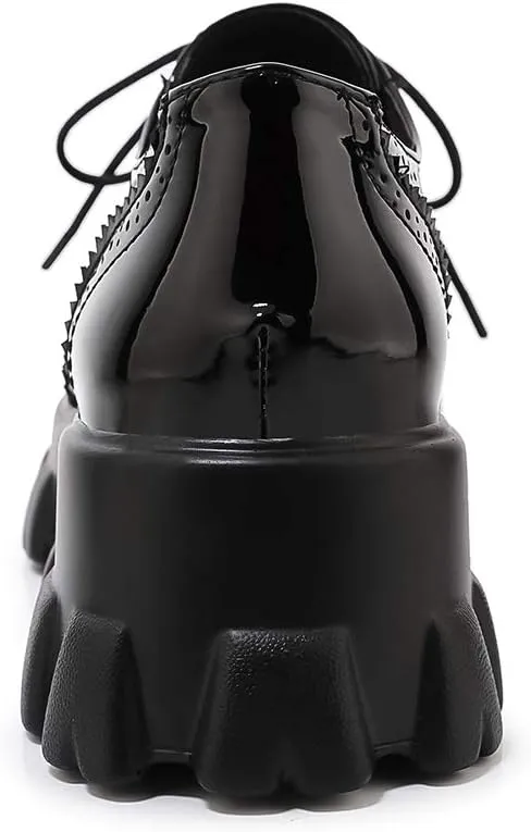 Womens Vintage Wingtip Oxfords Patent Leather Lace Up Brogues Shoes Platform Pumps with Chunky Heeled