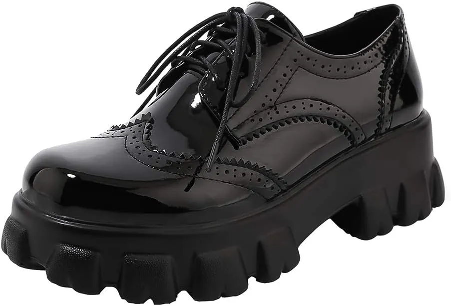 Womens Vintage Wingtip Oxfords Patent Leather Lace Up Brogues Shoes Platform Pumps with Chunky Heeled