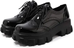 Womens Vintage Wingtip Oxfords Patent Leather Lace Up Brogues Shoes Platform Pumps with Chunky Heeled