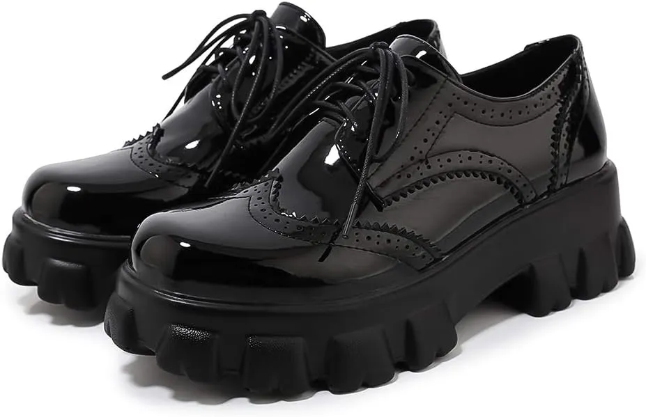 Womens Vintage Wingtip Oxfords Patent Leather Lace Up Brogues Shoes Platform Pumps with Chunky Heeled
