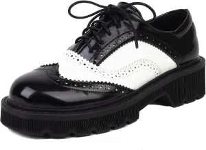 Women's Wingtip Two Tone Oxfords Chunky Low Heels Brogues Retro Round Toe Saddles Shoes