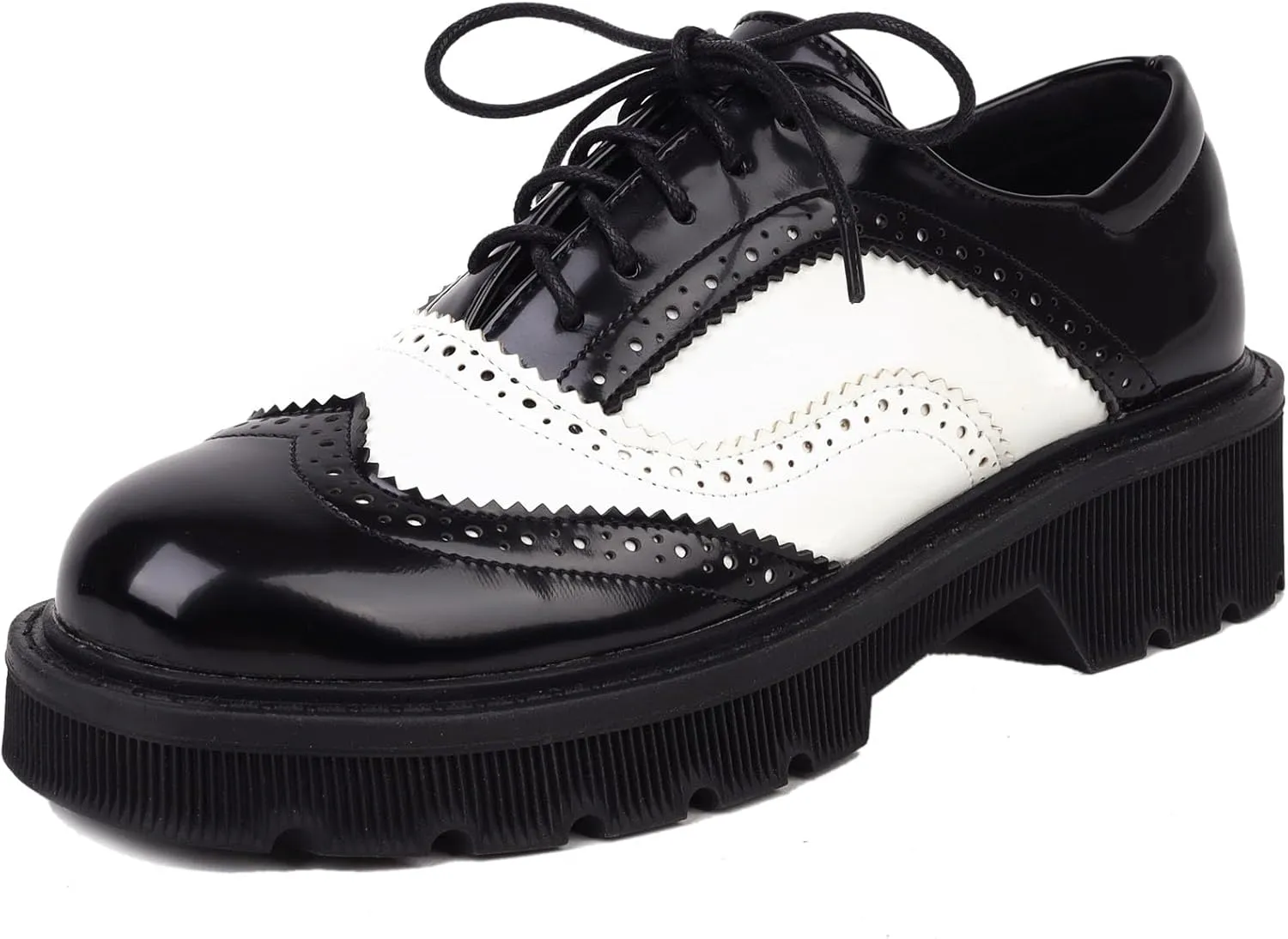Women's Wingtip Two Tone Oxfords Chunky Low Heels Brogues Retro Round Toe Saddles Shoes