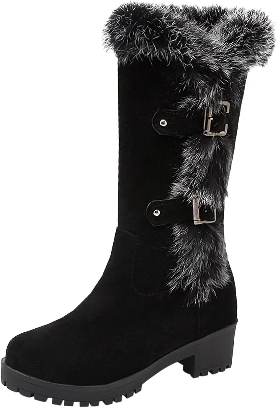 Work Boots Women's Keep Warm Hairy Suede Mid Calf Snow Boots Lace Low Block Heel Snow Winter Long Bootie