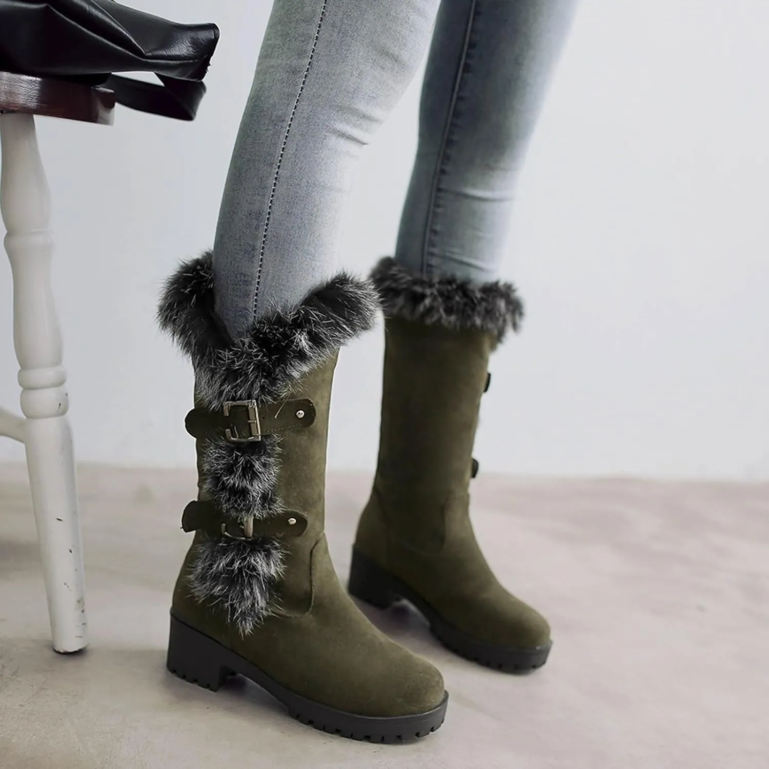 Work Boots Women's Keep Warm Hairy Suede Mid Calf Snow Boots Lace Low Block Heel Snow Winter Long Bootie