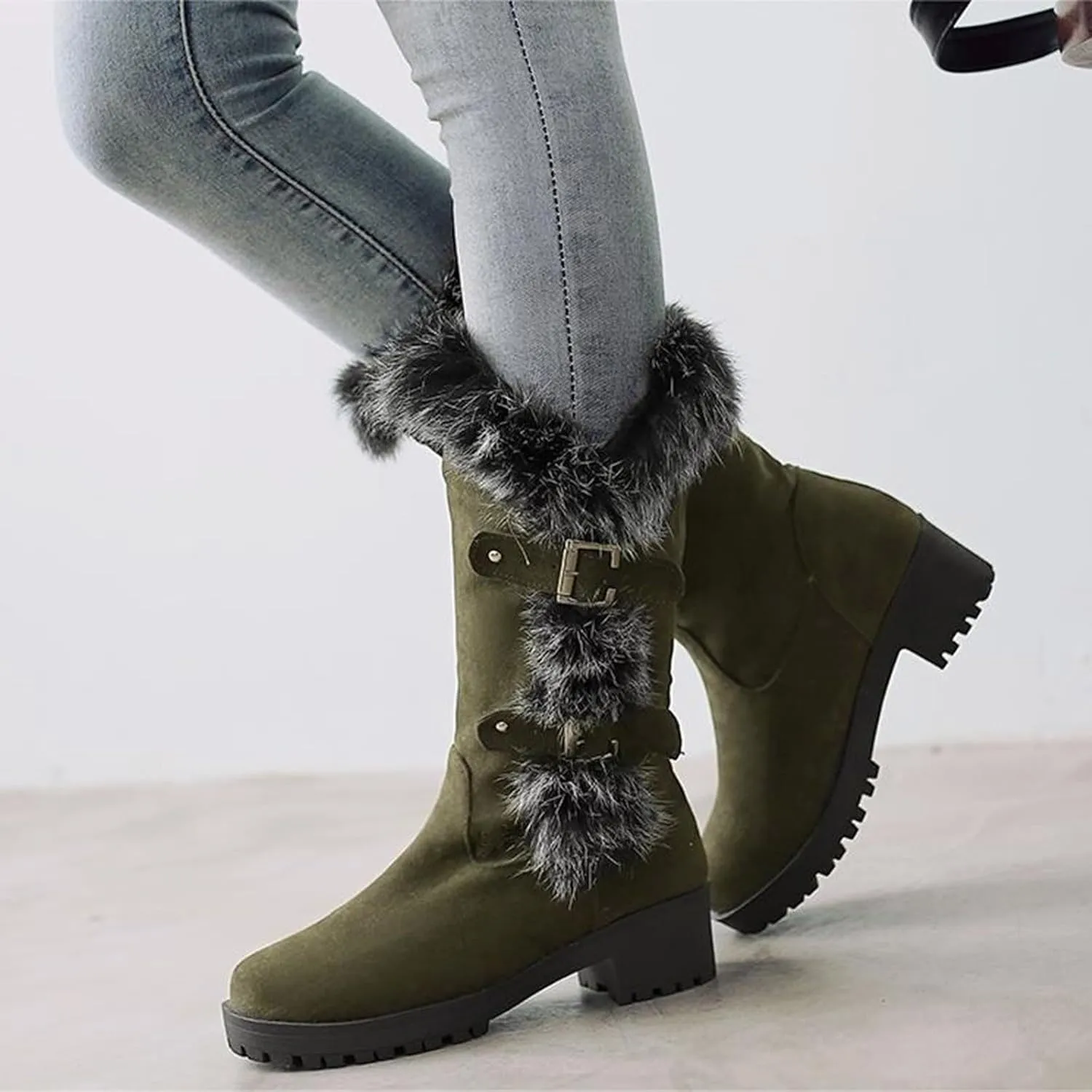 Work Boots Women's Keep Warm Hairy Suede Mid Calf Snow Boots Lace Low Block Heel Snow Winter Long Bootie