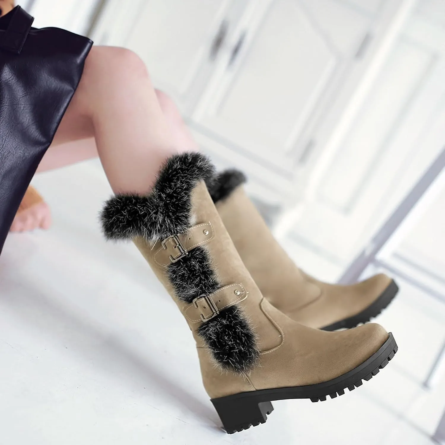 Work Boots Women's Keep Warm Hairy Suede Mid Calf Snow Boots Lace Low Block Heel Snow Winter Long Bootie