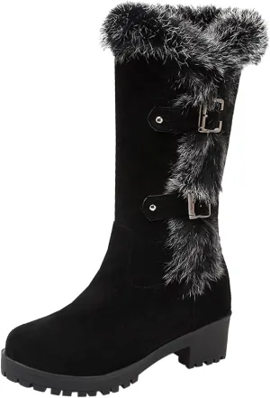 Work Boots Women's Keep Warm Hairy Suede Mid Calf Snow Boots Lace Low Block Heel Snow Winter Long Bootie