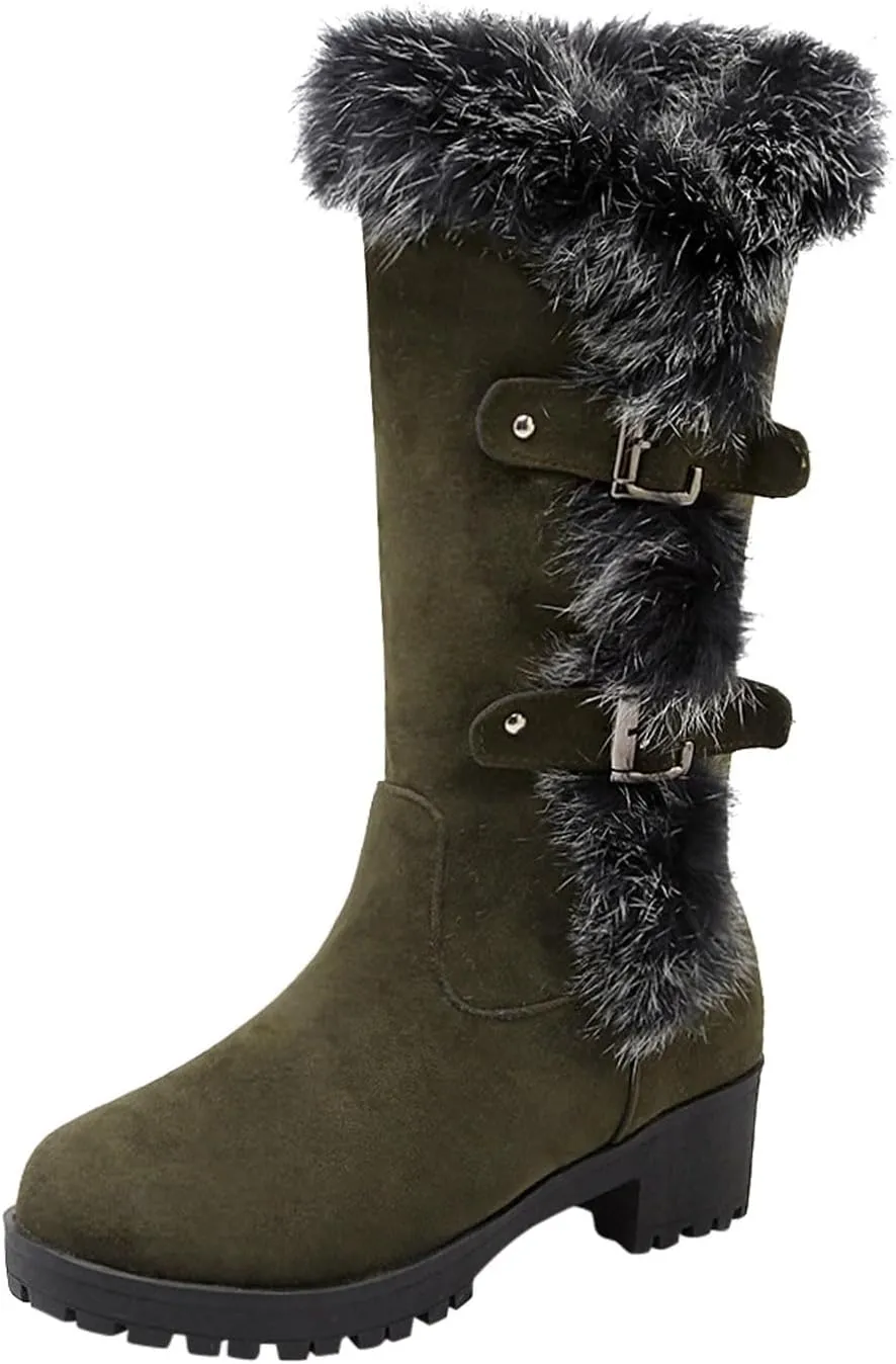 Work Boots Women's Keep Warm Hairy Suede Mid Calf Snow Boots Lace Low Block Heel Snow Winter Long Bootie