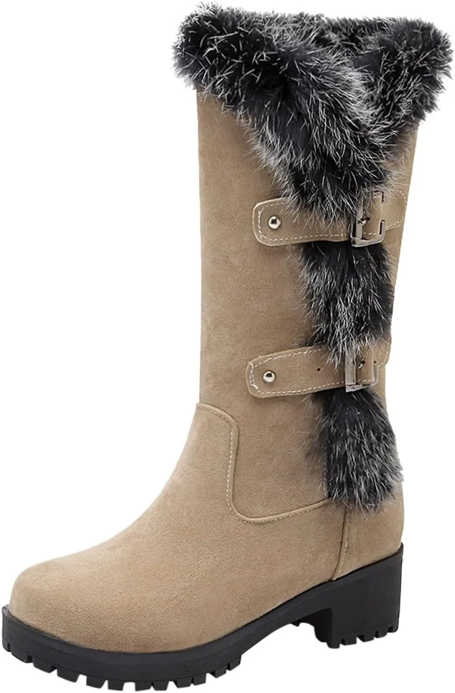 Work Boots Women's Keep Warm Hairy Suede Mid Calf Snow Boots Lace Low Block Heel Snow Winter Long Bootie