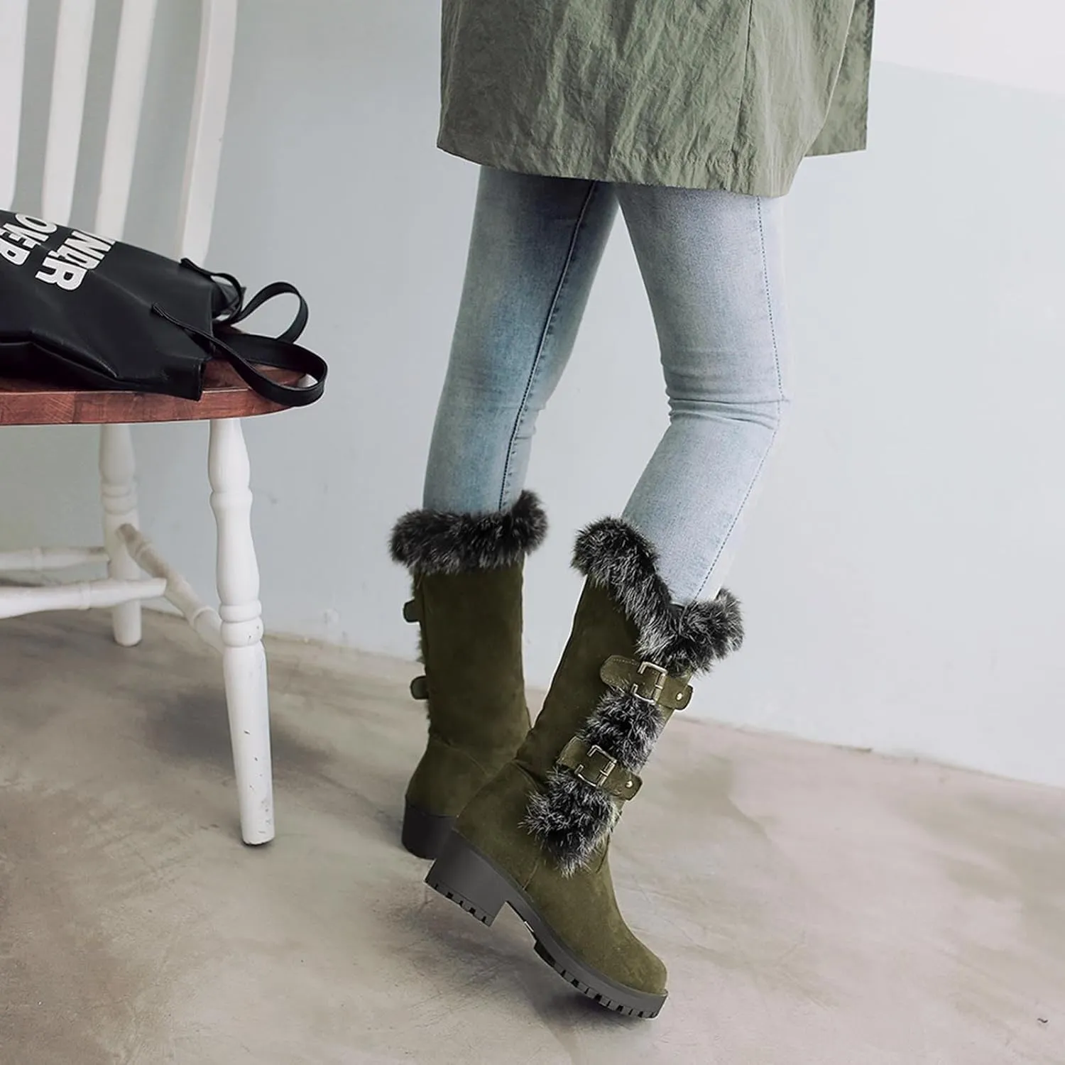 Work Boots Women's Keep Warm Hairy Suede Mid Calf Snow Boots Lace Low Block Heel Snow Winter Long Bootie