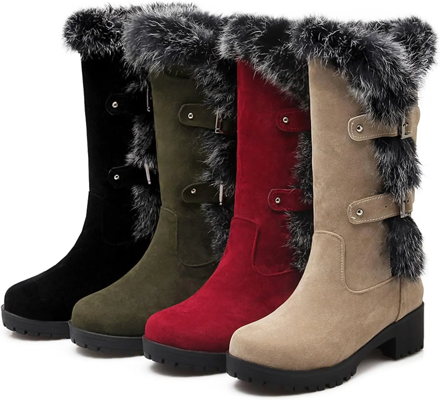 Work Boots Women's Keep Warm Hairy Suede Mid Calf Snow Boots Lace Low Block Heel Snow Winter Long Bootie