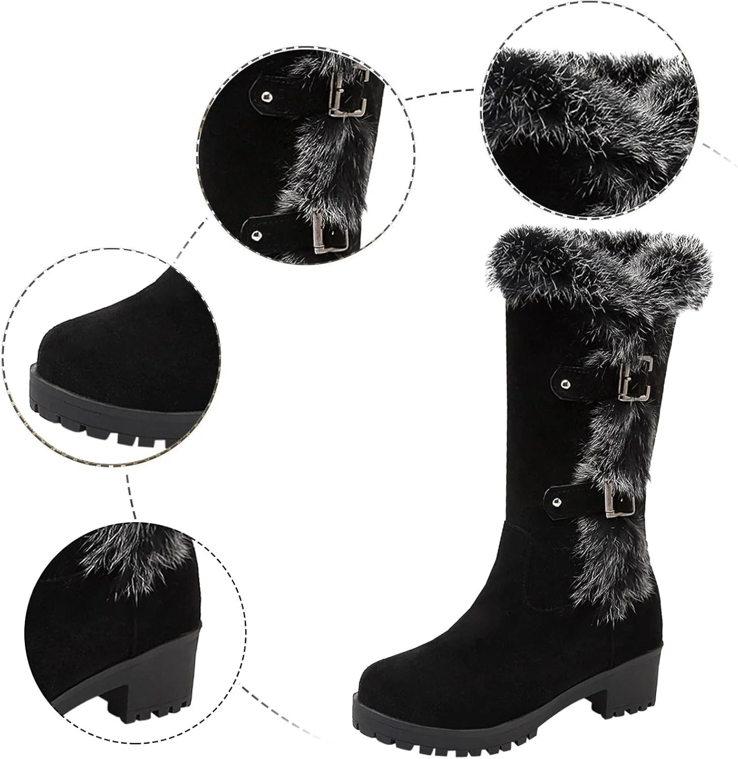Work Boots Women's Keep Warm Hairy Suede Mid Calf Snow Boots Lace Low Block Heel Snow Winter Long Bootie