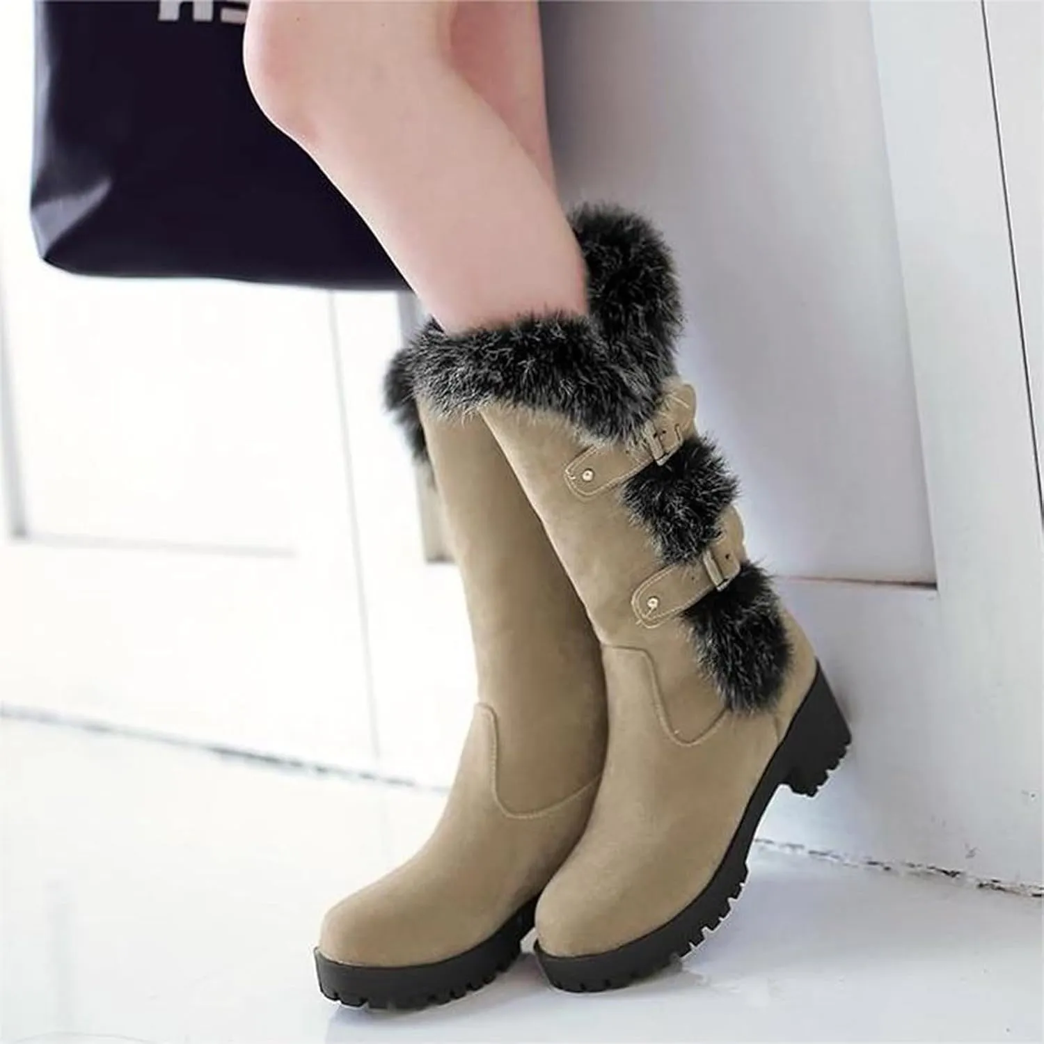 Work Boots Women's Keep Warm Hairy Suede Mid Calf Snow Boots Lace Low Block Heel Snow Winter Long Bootie