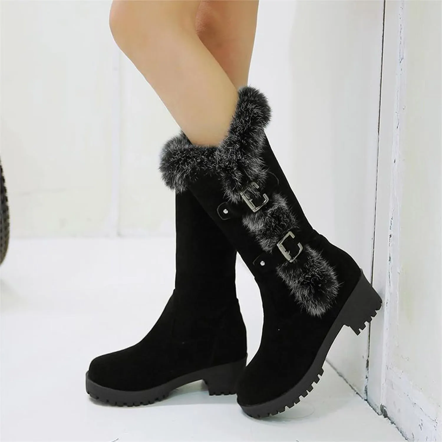 Work Boots Women's Keep Warm Hairy Suede Mid Calf Snow Boots Lace Low Block Heel Snow Winter Long Bootie