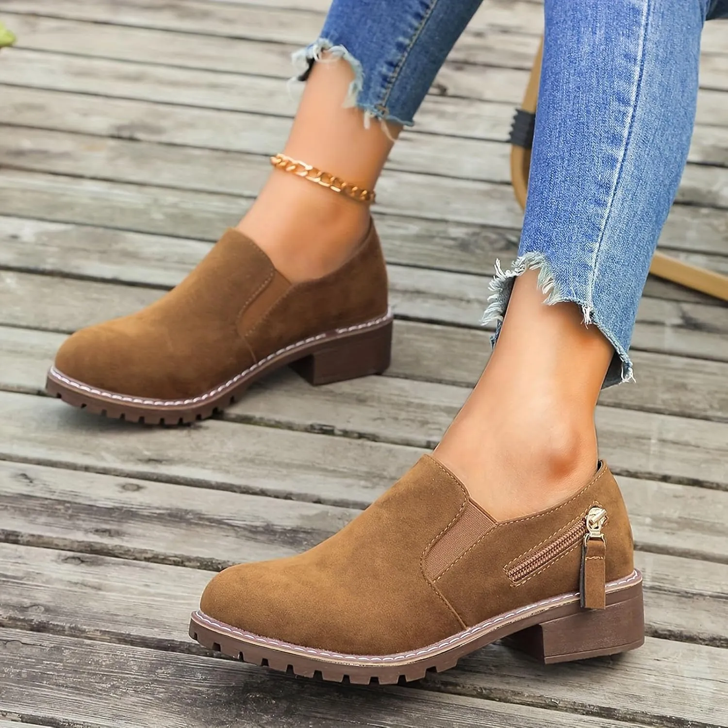 Work Boots Women's Suede Ankle Boots Zipper Heel Thick Booties Casual Outdoor Pull On Bootie Comfortable Winter