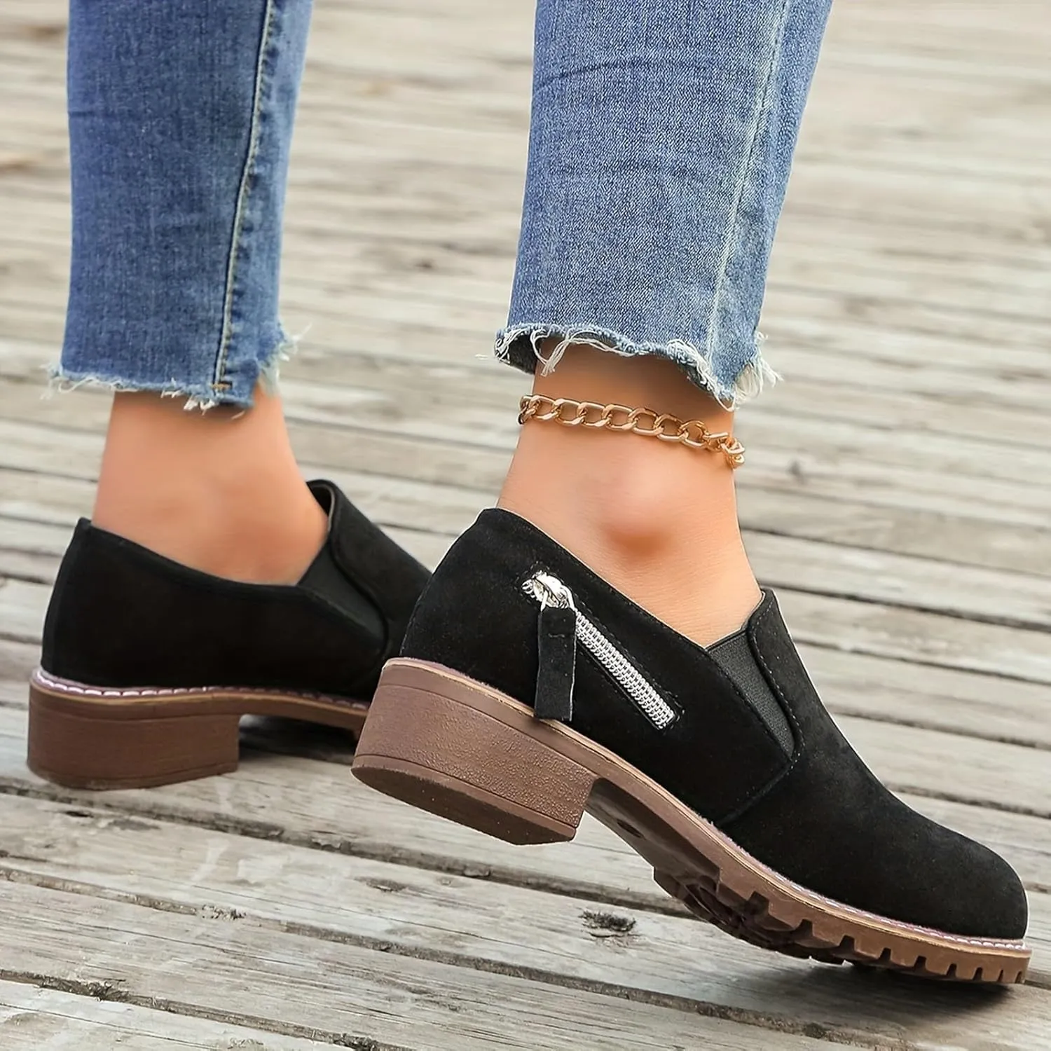 Work Boots Women's Suede Ankle Boots Zipper Heel Thick Booties Casual Outdoor Pull On Bootie Comfortable Winter