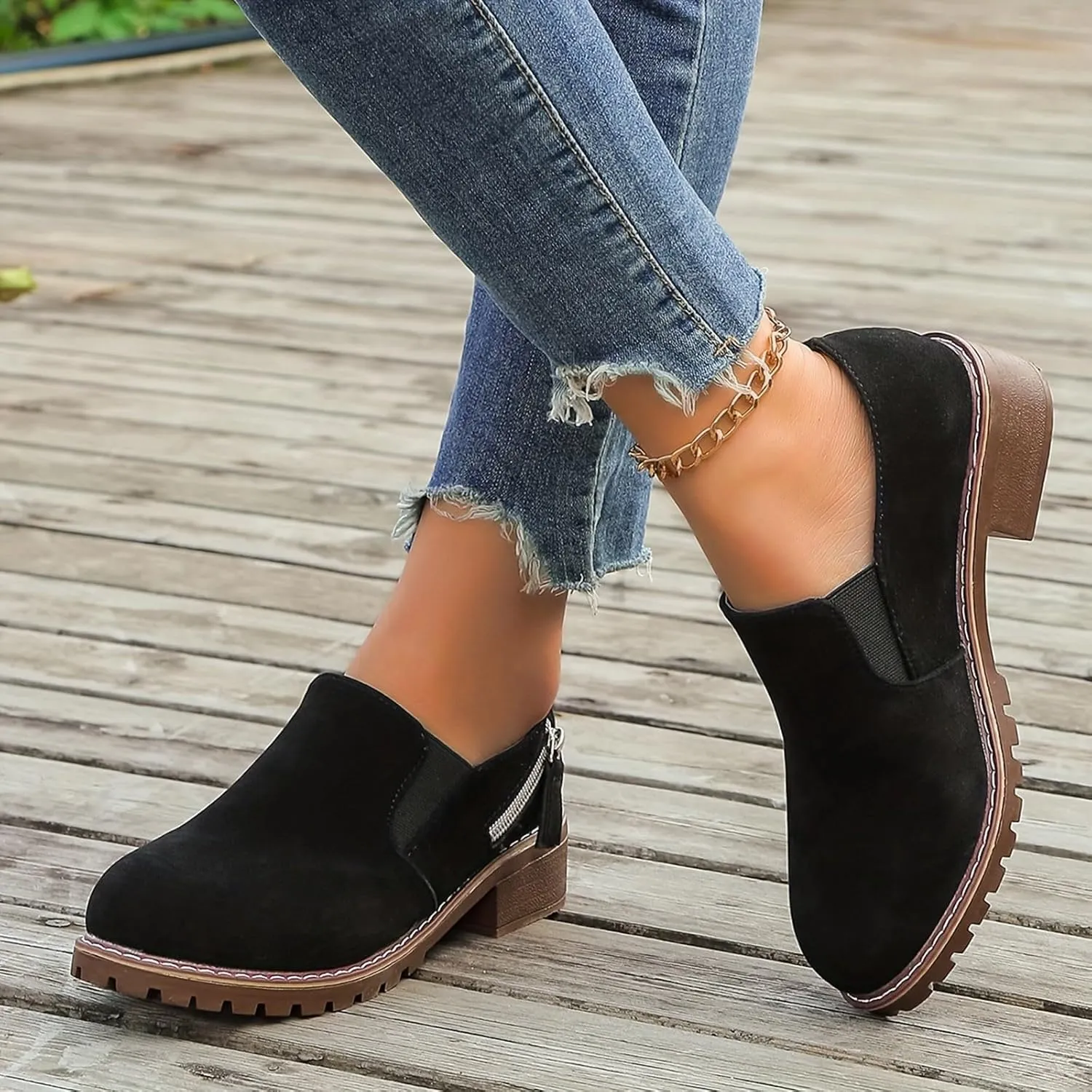 Work Boots Women's Suede Ankle Boots Zipper Heel Thick Booties Casual Outdoor Pull On Bootie Comfortable Winter