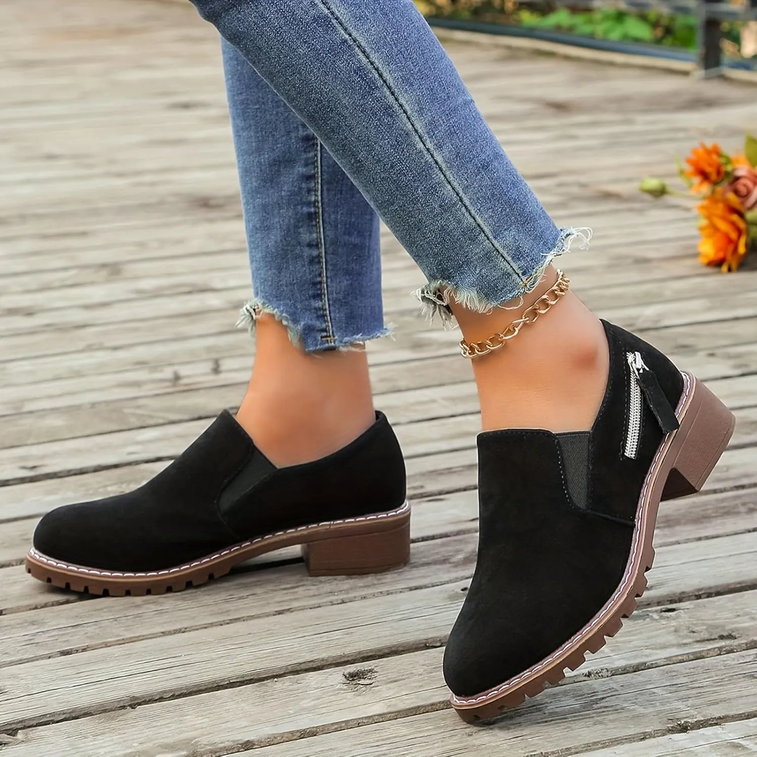Work Boots Women's Suede Ankle Boots Zipper Heel Thick Booties Casual Outdoor Pull On Bootie Comfortable Winter