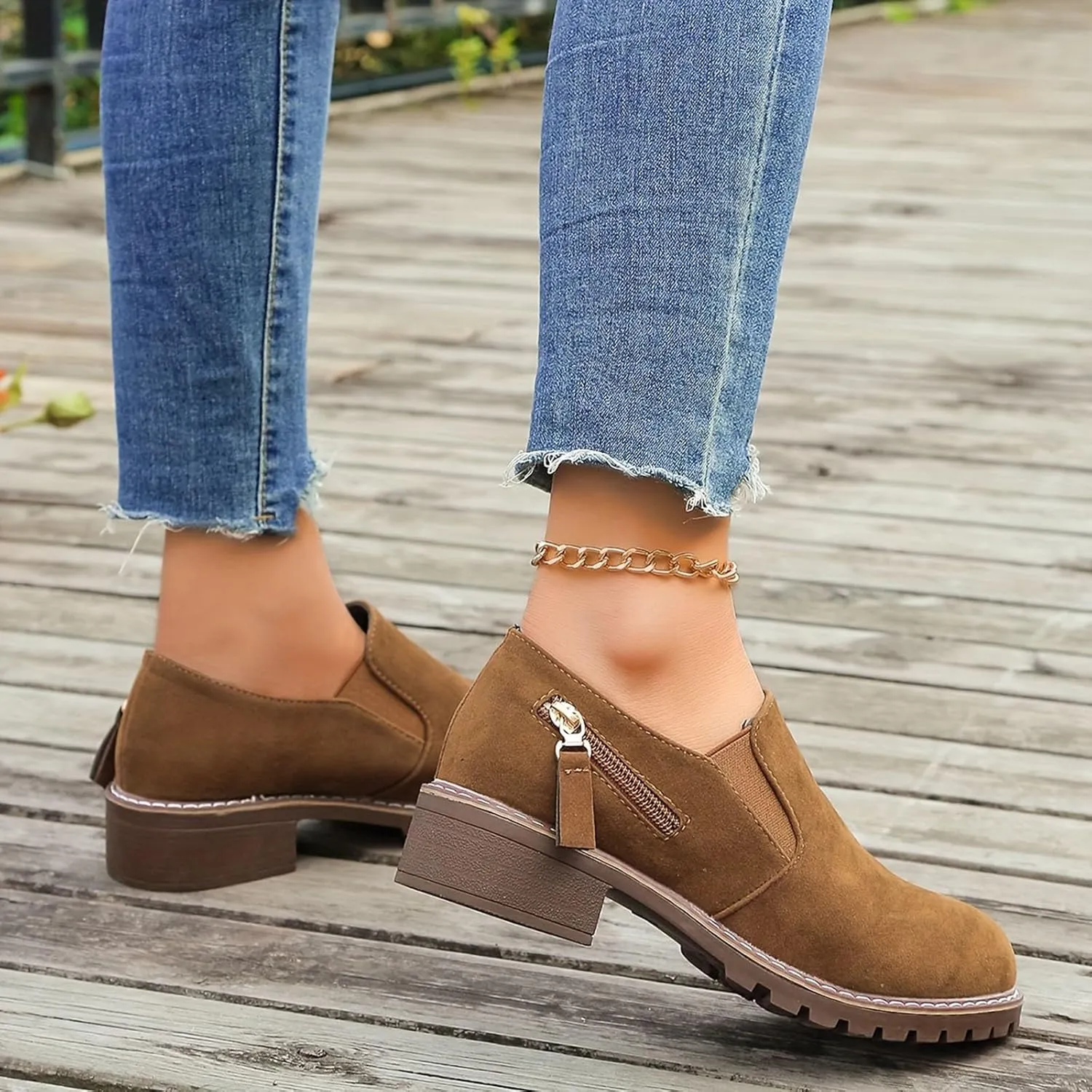 Work Boots Women's Suede Ankle Boots Zipper Heel Thick Booties Casual Outdoor Pull On Bootie Comfortable Winter