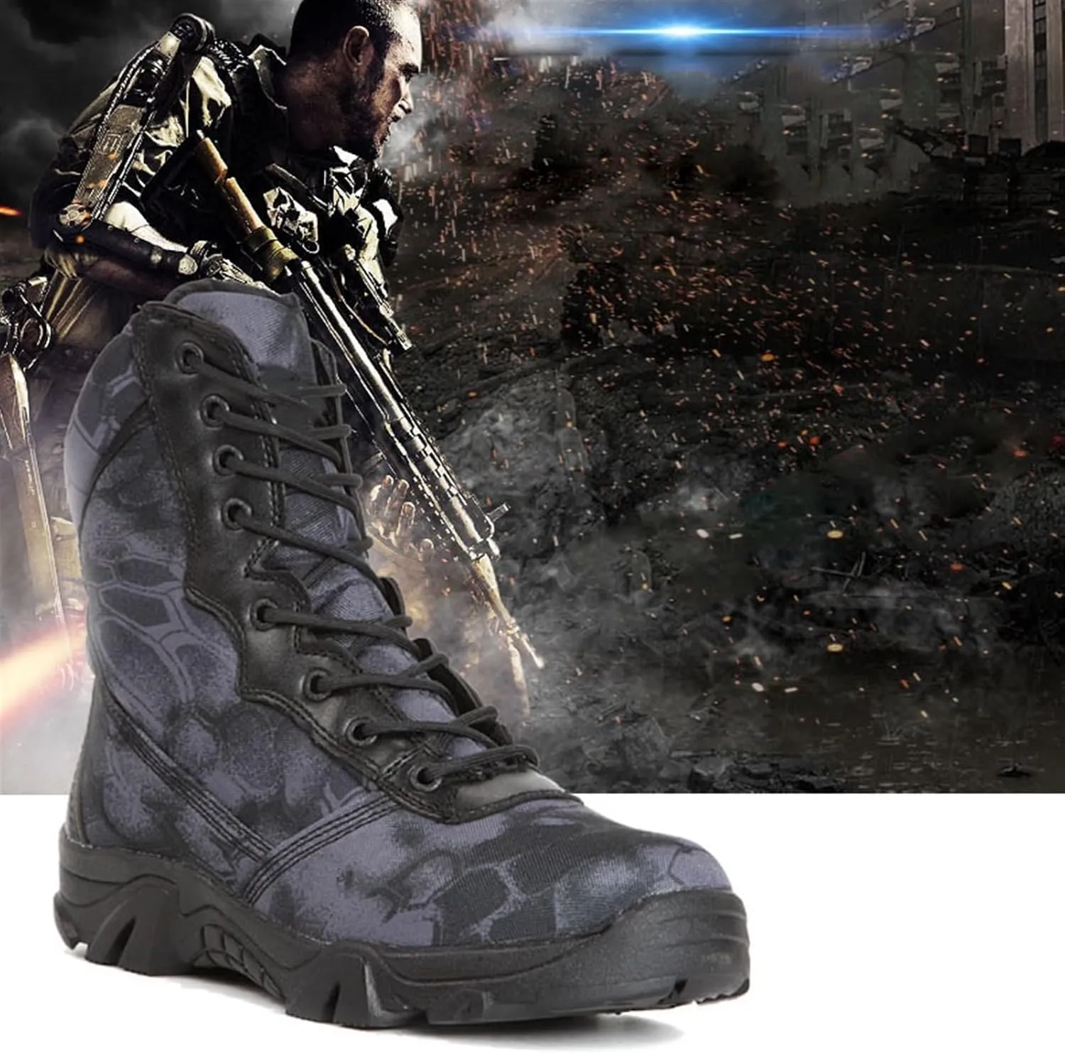 Wygwlg Military Work Boots, Mens High Top Side Zip Waterproof Breathable Camouflage Combat Boots, Outdoor Durable Lightweight Security Army Boots, for Camping, Hiking, Jungle Combat