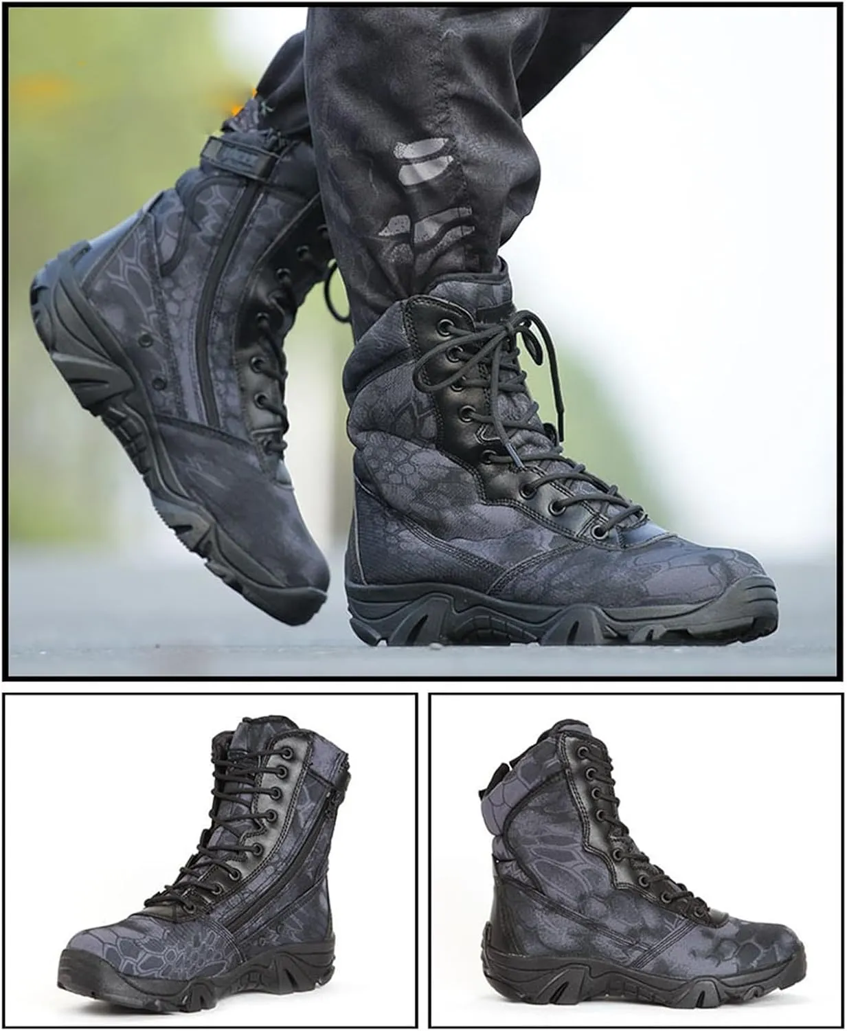 Wygwlg Military Work Boots, Mens High Top Side Zip Waterproof Breathable Camouflage Combat Boots, Outdoor Durable Lightweight Security Army Boots, for Camping, Hiking, Jungle Combat