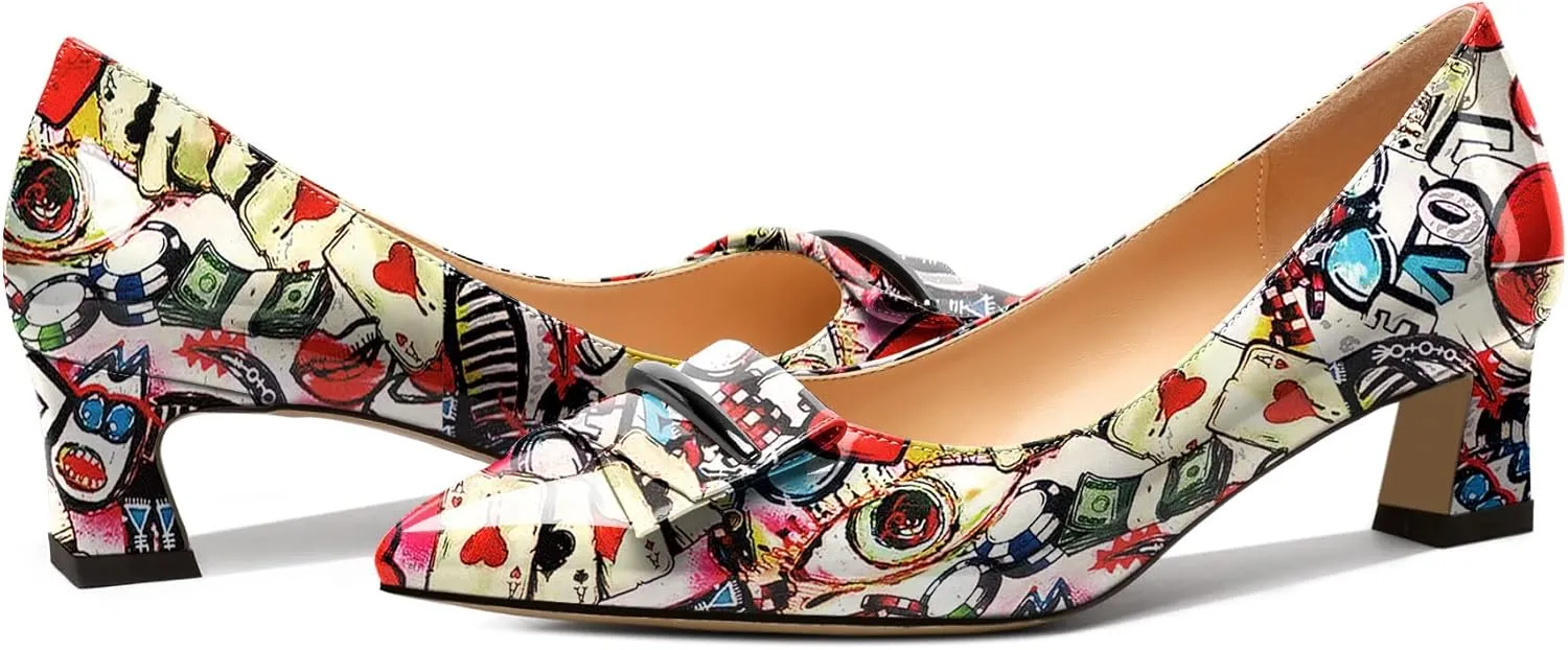 Zamikoo Women's Pointed Toe Kitten Heel Pumps Slip On Low Heels with Buckle Bow 2 Inches Heeled Pumps Shoes for Office Wedding Dress Comfortable