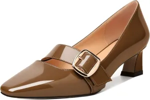 Zamikoo Women's Square Toe Kitten Heel Pumps Slip On Low Heels with Buckle Strap 2 Inches Heeled Pumps Shoes for Office Wedding Dress Comfortable