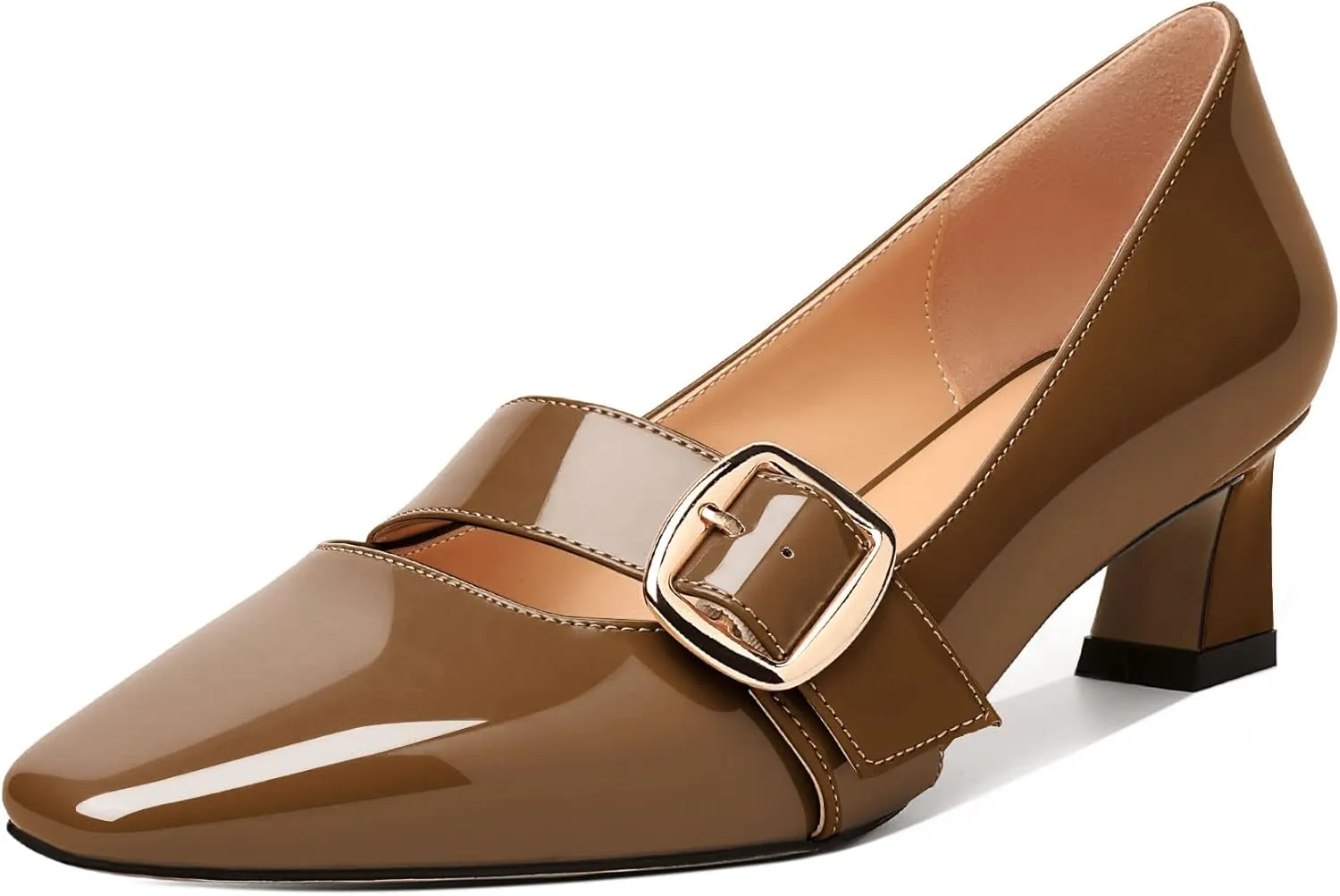 Zamikoo Women's Square Toe Kitten Heel Pumps Slip On Low Heels with Buckle Strap 2 Inches Heeled Pumps Shoes for Office Wedding Dress Comfortable