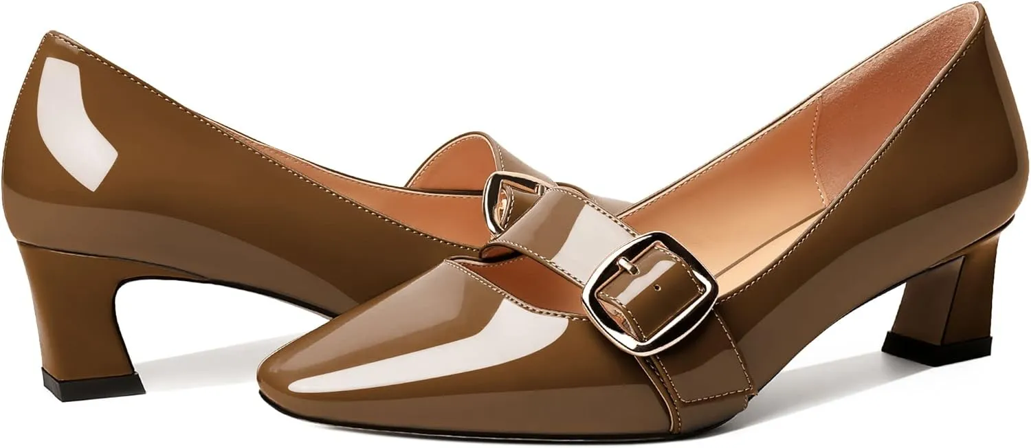 Zamikoo Women's Square Toe Kitten Heel Pumps Slip On Low Heels with Buckle Strap 2 Inches Heeled Pumps Shoes for Office Wedding Dress Comfortable