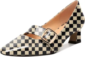 Zamikoo Women's Square Toe Kitten Heel Pumps Slip On Low Heels with Buckle Strap 2 Inches Heeled Pumps Shoes for Office Wedding Dress Comfortable