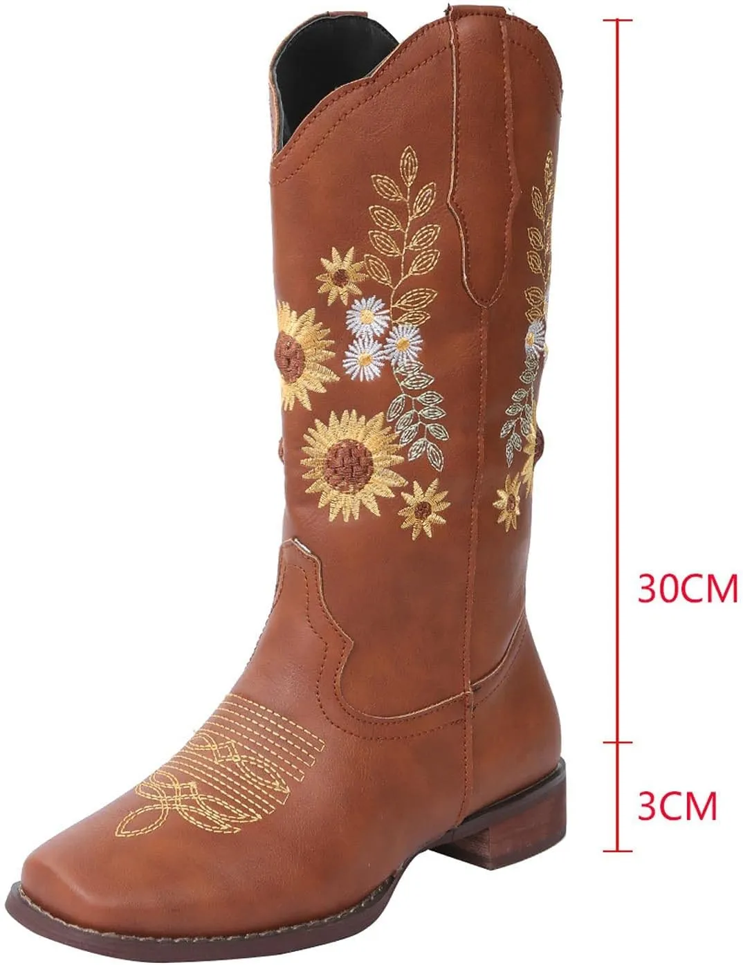 ZBYY Cowboy Boots for Women Pointy Toe Low Chunky Heel Cowgirl Boots Winter Sunflower Embroidered Knee High Western Boots