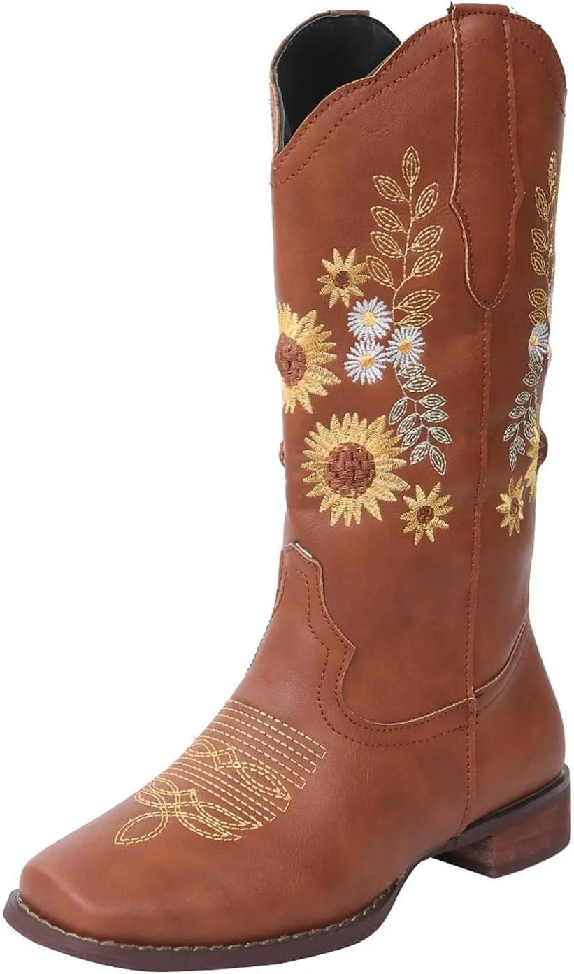 ZBYY Cowboy Boots for Women Pointy Toe Low Chunky Heel Cowgirl Boots Winter Sunflower Embroidered Knee High Western Boots