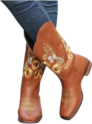 ZBYY Cowboy Boots for Women Pointy Toe Low Chunky Heel Cowgirl Boots Winter Sunflower Embroidered Knee High Western Boots