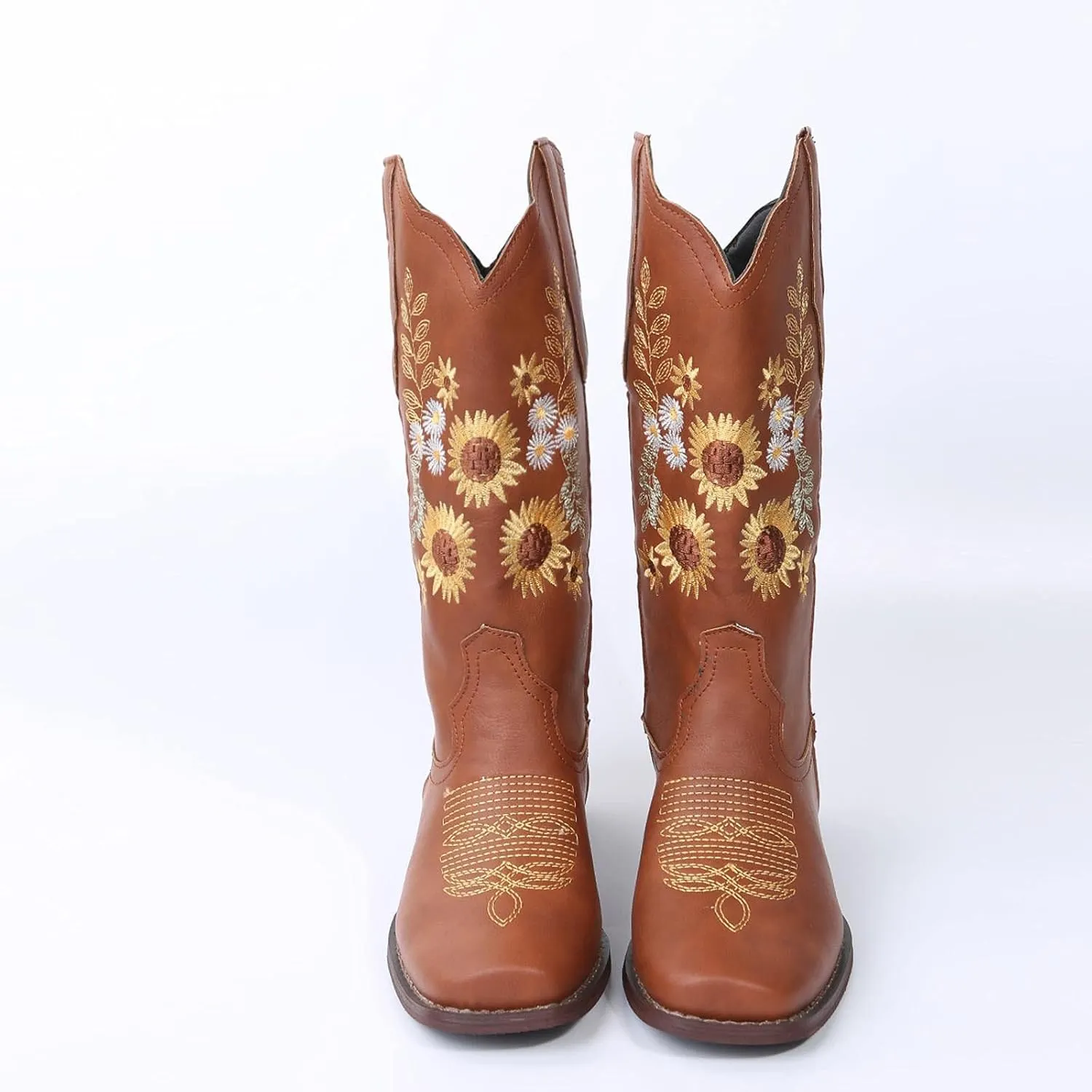 ZBYY Cowboy Boots for Women Pointy Toe Low Chunky Heel Cowgirl Boots Winter Sunflower Embroidered Knee High Western Boots