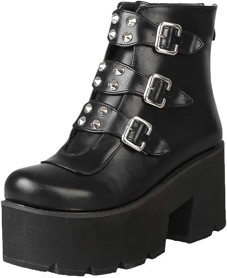 ZBYY Women Platform Boots Round Toe Buckle Strap Zipper Motorcycle Boots Waterproof Military Combat Ankle Booties