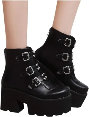 ZBYY Women Platform Boots Round Toe Buckle Strap Zipper Motorcycle Boots Waterproof Military Combat Ankle Booties