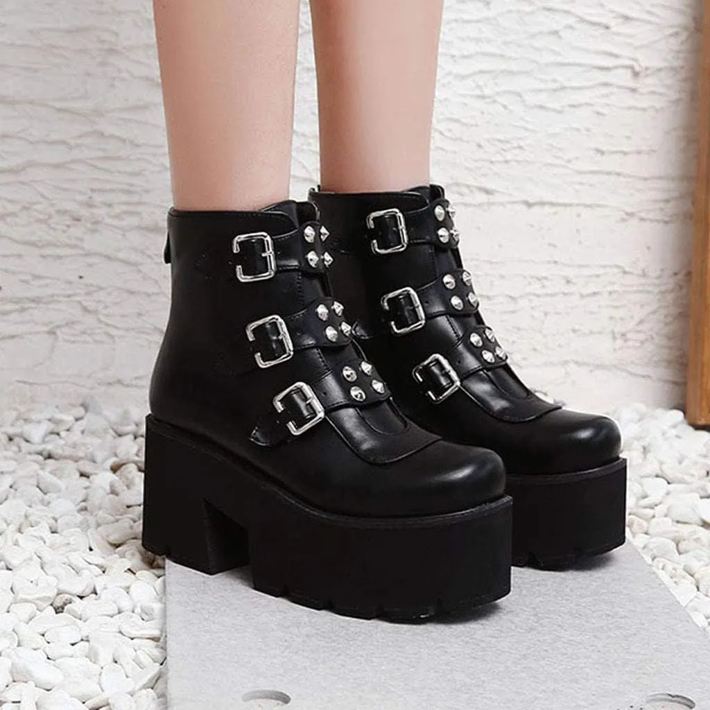 ZBYY Women Platform Boots Round Toe Buckle Strap Zipper Motorcycle Boots Waterproof Military Combat Ankle Booties