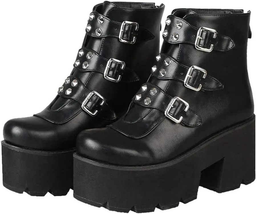 ZBYY Women Platform Boots Round Toe Buckle Strap Zipper Motorcycle Boots Waterproof Military Combat Ankle Booties