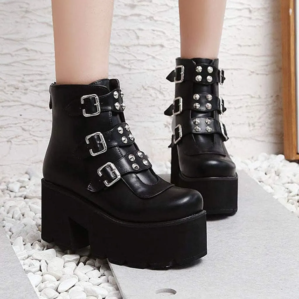 ZBYY Women Platform Boots Round Toe Buckle Strap Zipper Motorcycle Boots Waterproof Military Combat Ankle Booties