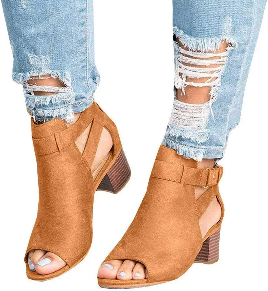 ZBYY Womens Cutout Ankle Strap Buckle Sandals Hollow Out Side Zipper Chunky Heeled Open Toe Pumps Sandals Dress Shoes