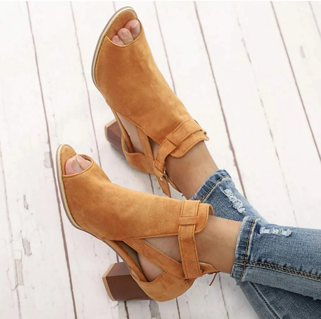 ZBYY Womens Cutout Ankle Strap Buckle Sandals Hollow Out Side Zipper Chunky Heeled Open Toe Pumps Sandals Dress Shoes